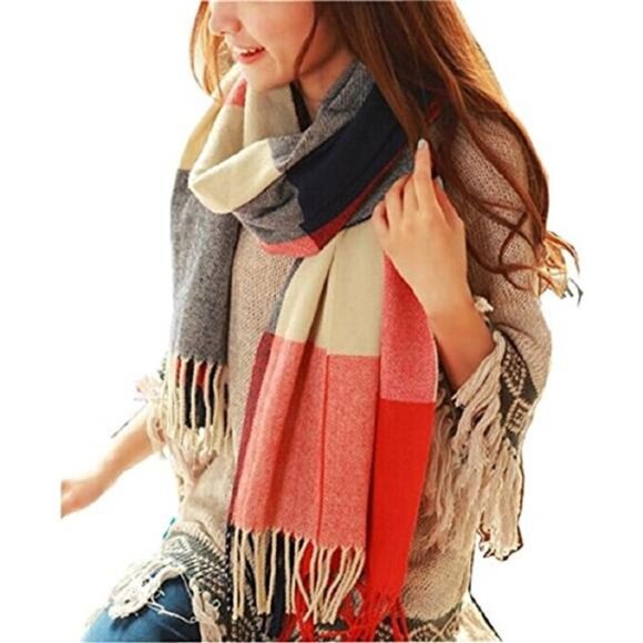 Womens Scarf Fashion Long Plaid Shawls Grid Winter Warm Red, Navy Lattice Design - Picture 1 of 6